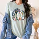 Large Busty Blue Fall Pumpkin Patch Cozy Bella Canvas Tees | Farm Fresh Pumpkins, Good Vibes, Hello Pumpkin & Autumn Sunflower Shirts