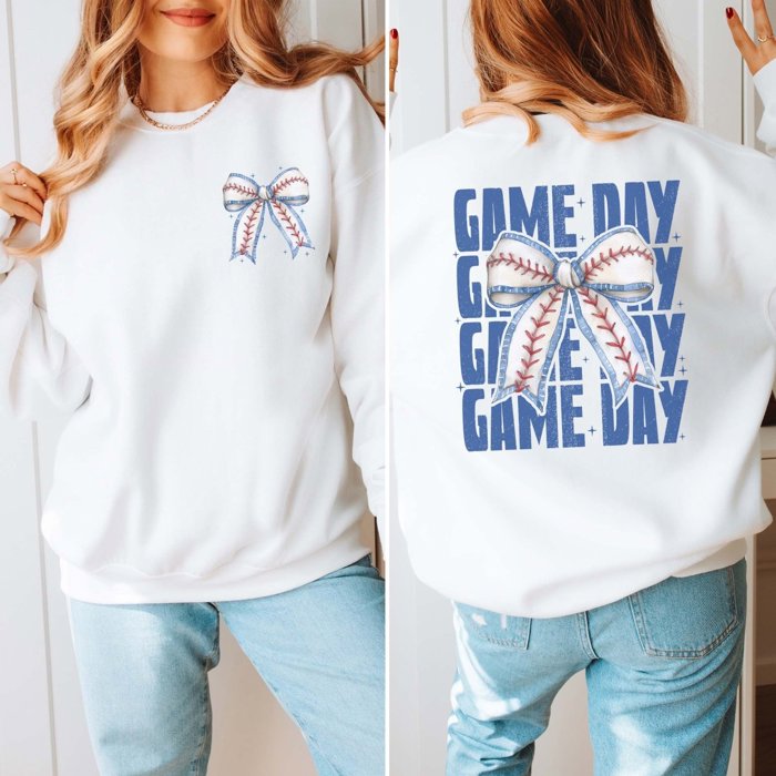 Game Day With Baseball Bow Front & Back Design Graphic Sweatshirt