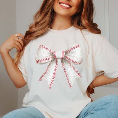 Glitter Bow With Baseball Stitching Comfort Color Tee