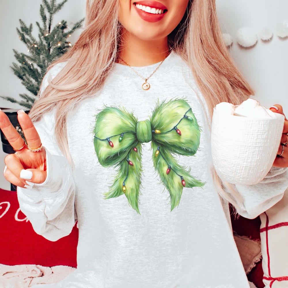 Green Fur Christmas Lights Bow Graphic Sweatshirt