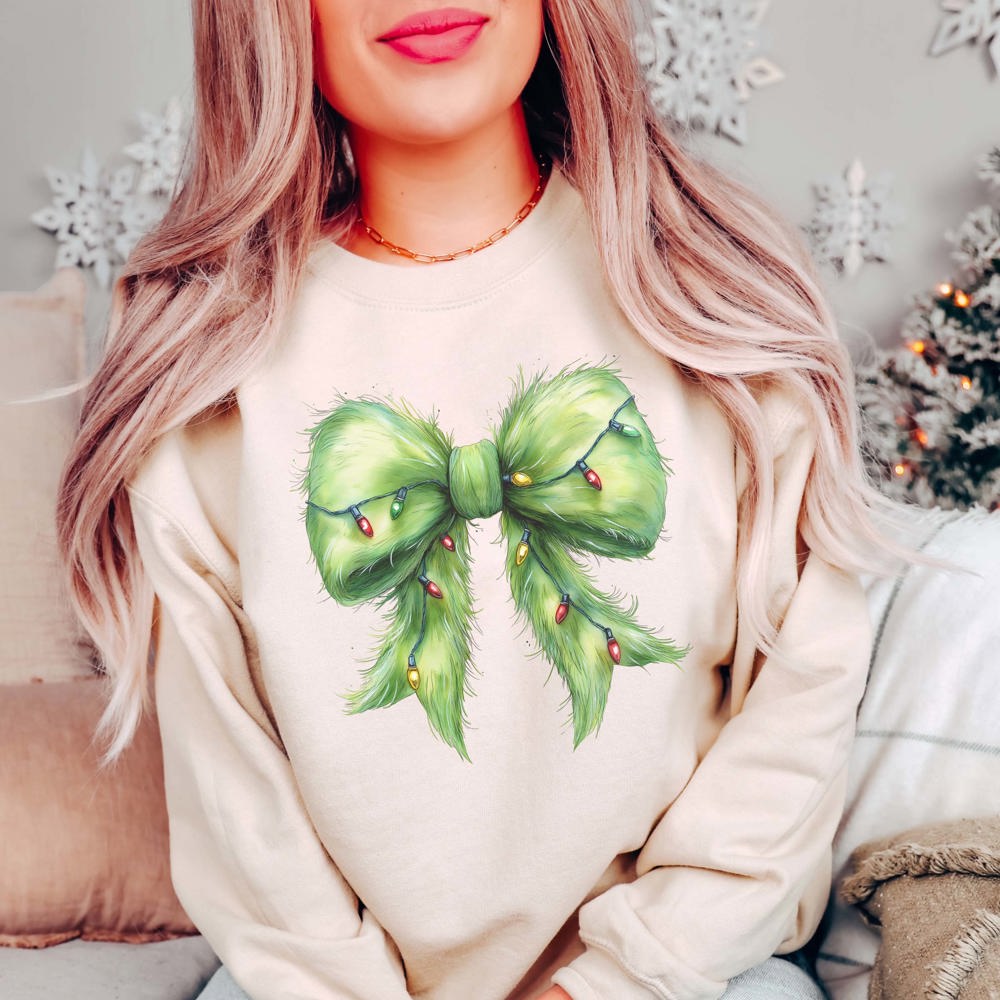 Green Fur Christmas Lights Bow Graphic Sweatshirt