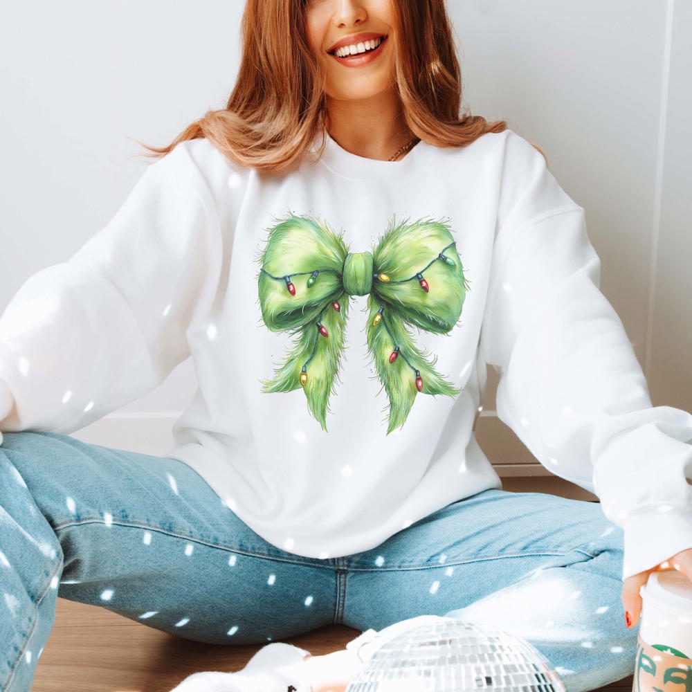 Green Fur Christmas Lights Bow Graphic Sweatshirt