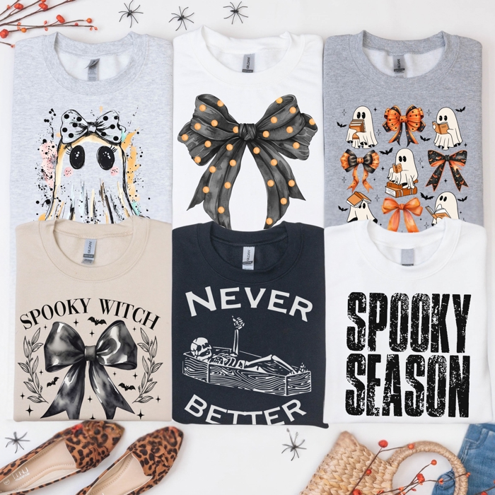 Halloween Ghost & Bow Crewneck Sweatshirts | Spooky Cute Fall Graphics