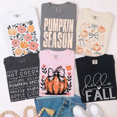 Hello Fall Cozy Comfort Colors Graphic Tees | Pumpkin Season, Coffee Weather, Pumpkin Bow & Autumn Script Shirts