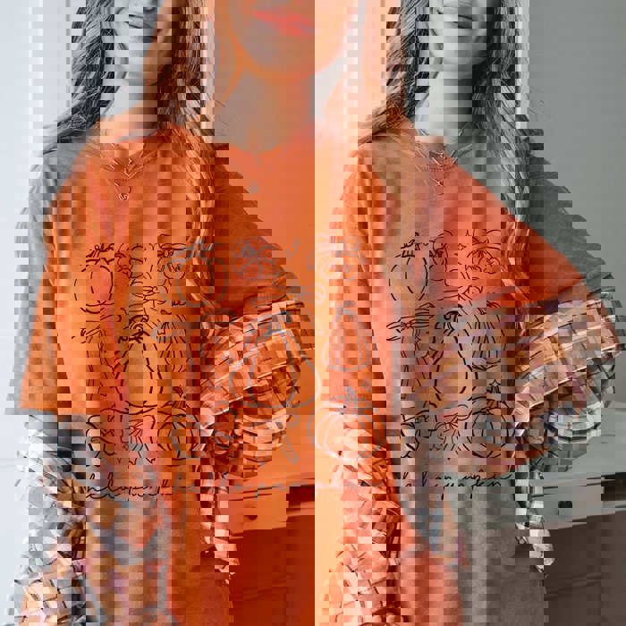 Hello Pumpkin Bow Collage Comfort Color Graphic Tee