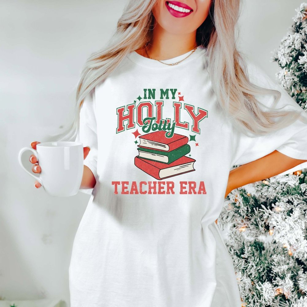 Holly Jolly Teacher Era Book Comfort Colors Tee