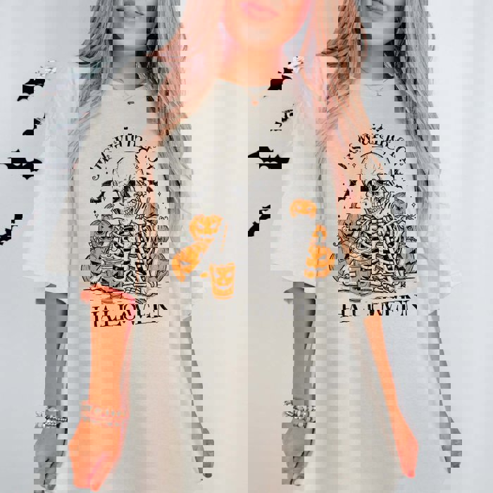 Just Waiting For Halloween Skeleton Comfort Color Graphic Tee