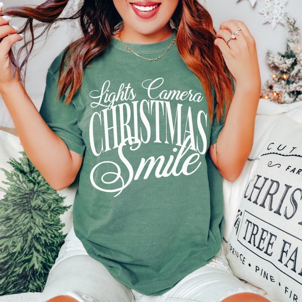 Lights Camera Christmas Smile Comfort Color Graphic Tee