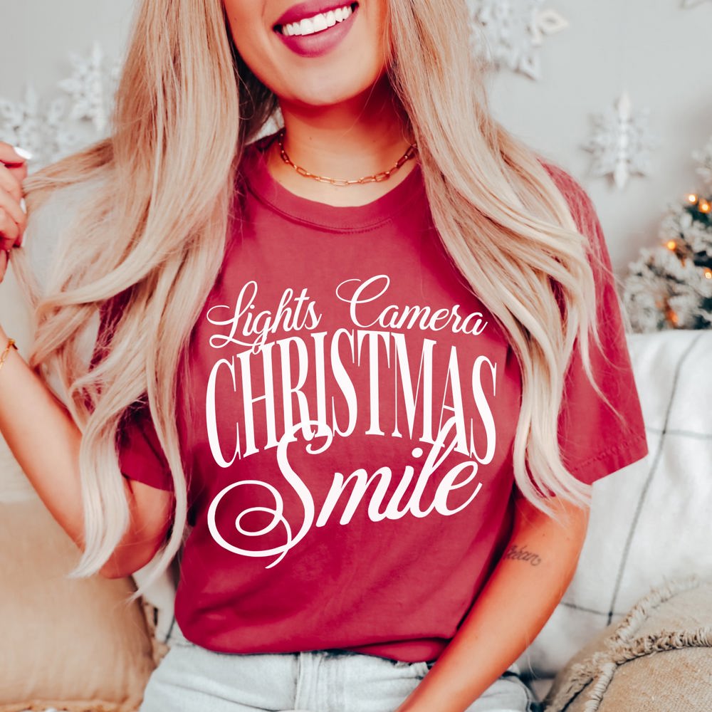 Lights Camera Christmas Smile Comfort Color Graphic Tee