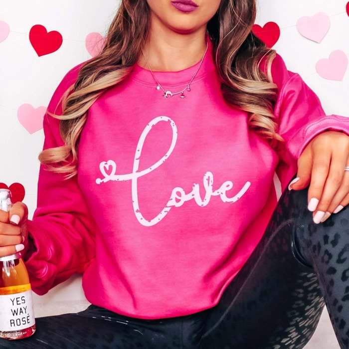 Love Distressed Script Crew Sweatshirt