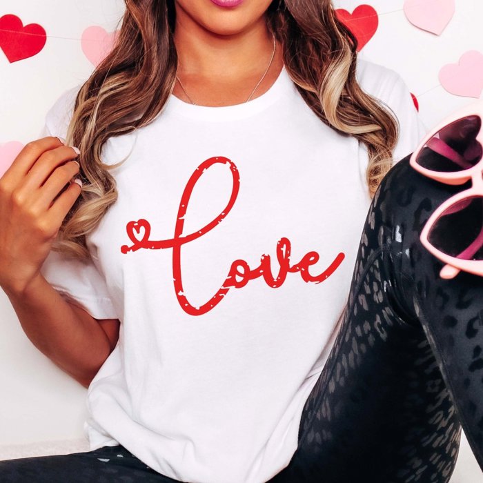 Love Distressed Script Red Bella Graphic Tee