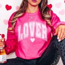 2X Bright Pink Lover With Heart Crew Sweatshirt