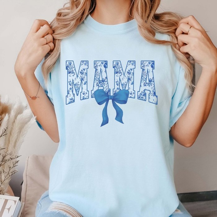 Mama Blue Floral Bow Comfort Color Tee