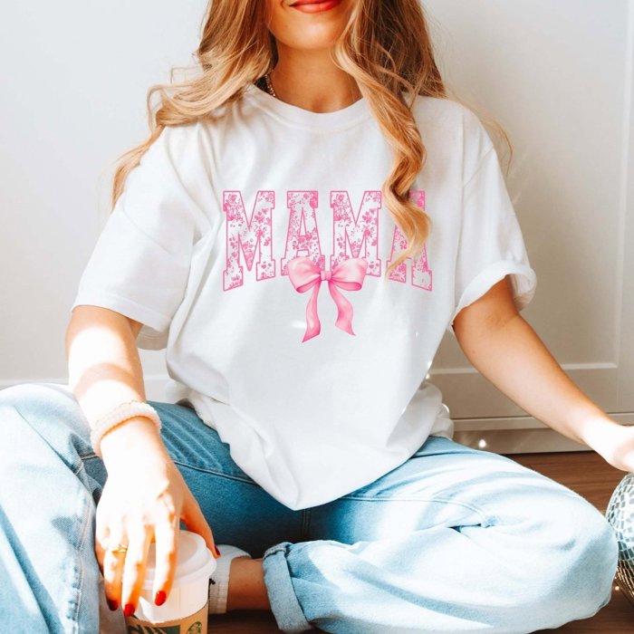 Mama Pink Floral Bow Comfort Color Tee