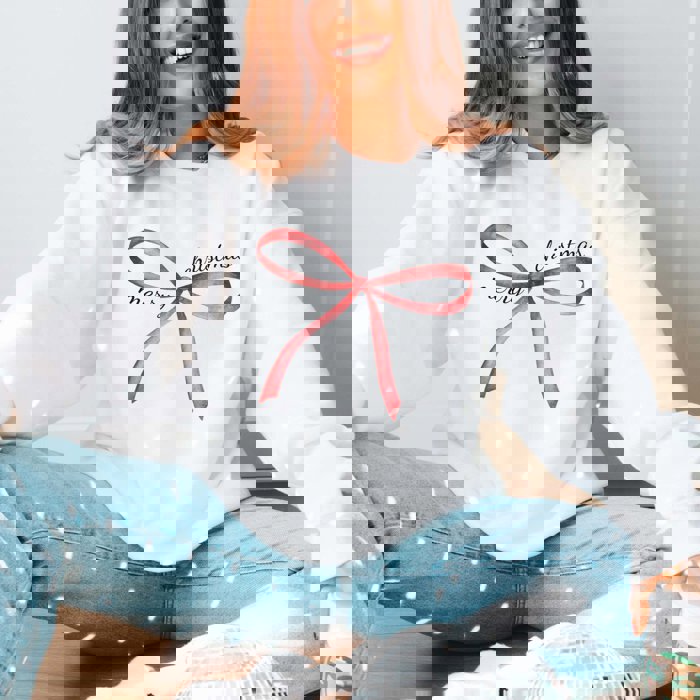 Merry Christmas Red Bow Graphic Sweatshirt