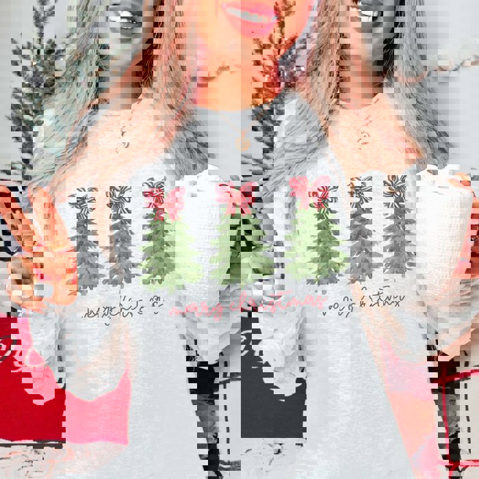 Merry Christmas Trees Red Striped Bows Graphic Sweatshirt