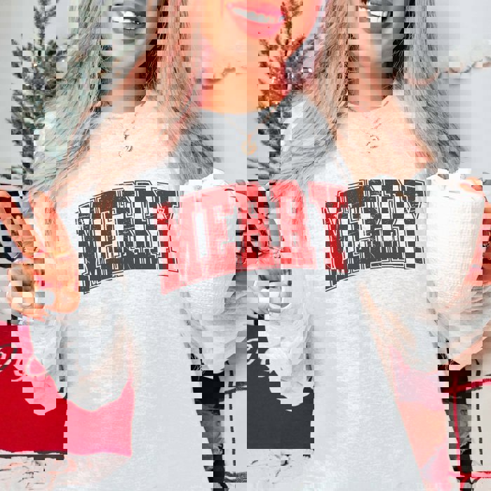 Merry Collegiate Letter Distressed Graphic Sweatshirt