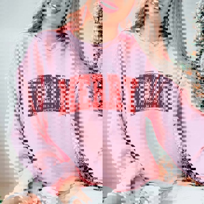 Merry Collegiate Letter Distressed Graphic Sweatshirt