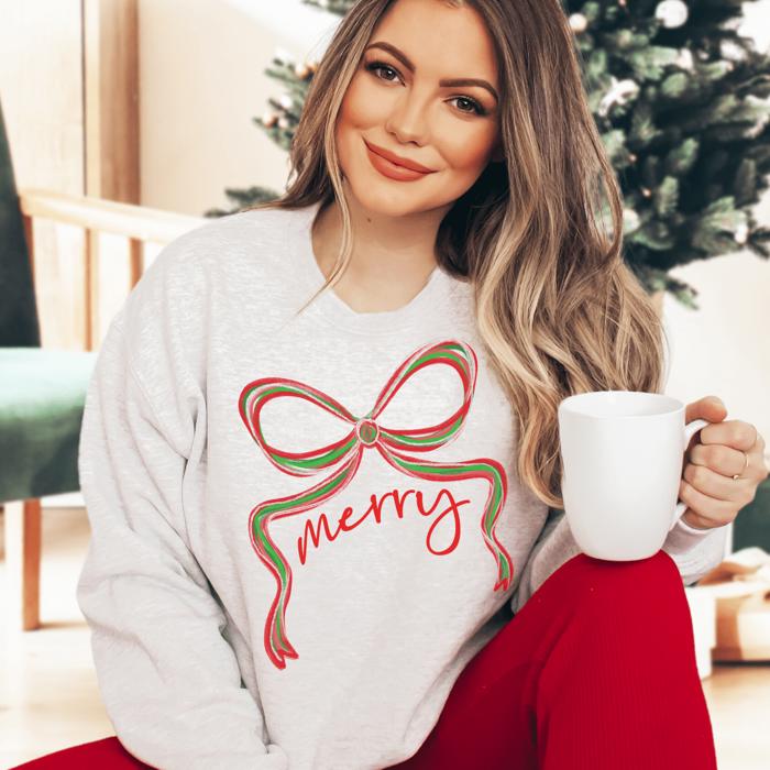 Merry Green & Red Christmas Bow Graphic Sweatshirt