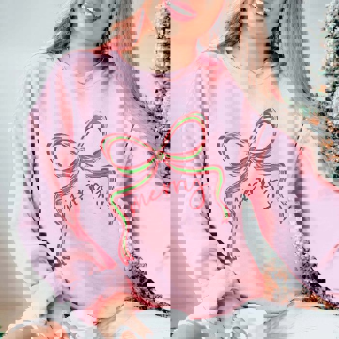 Merry Green & Red Christmas Bow Graphic Sweatshirt