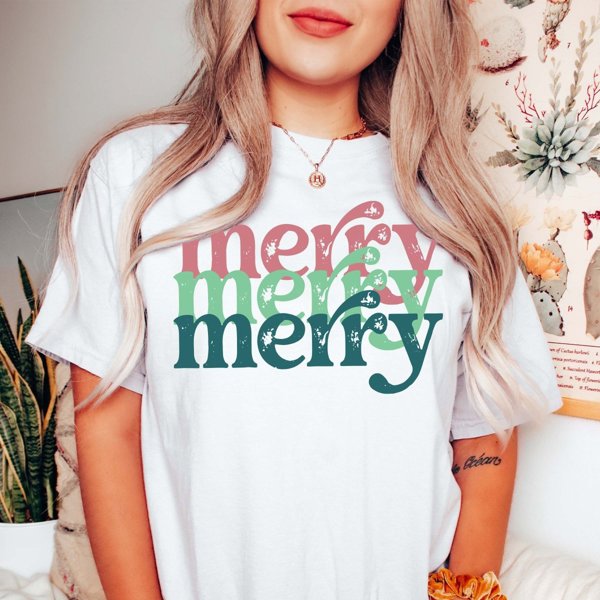 Merry Merry Merry Pink and Green Comfort Colors Tee