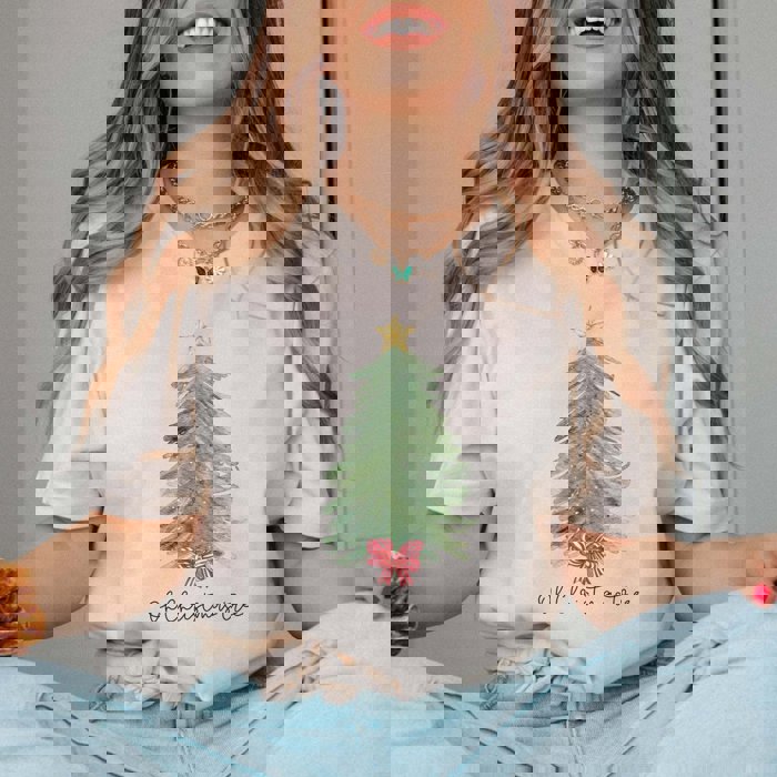 Oh Christmas Tree Red Striped Bow Bella Graphic Tee