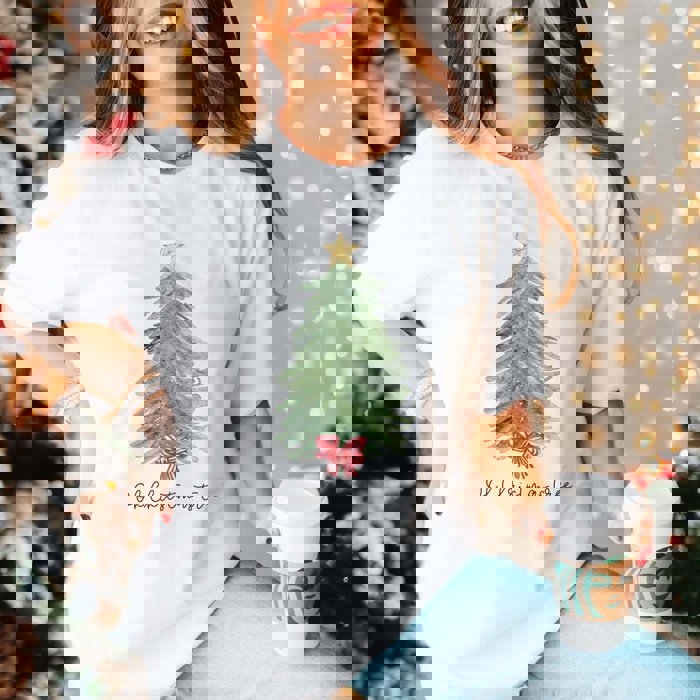 Oh Christmas Tree Red Striped Bow Bella Graphic Tee