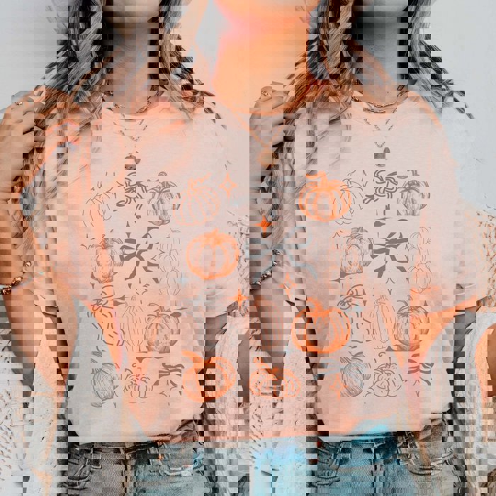 Pumpkin & Bow Collage With Stars Comfort Color Graphic Tee