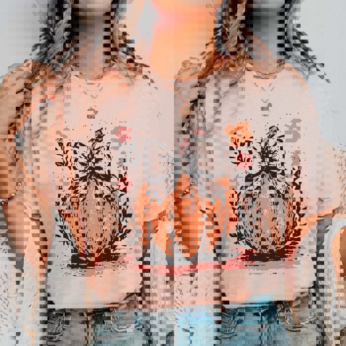 Pumpkin Bow Coral & Orange Comfort Color Graphic Tee