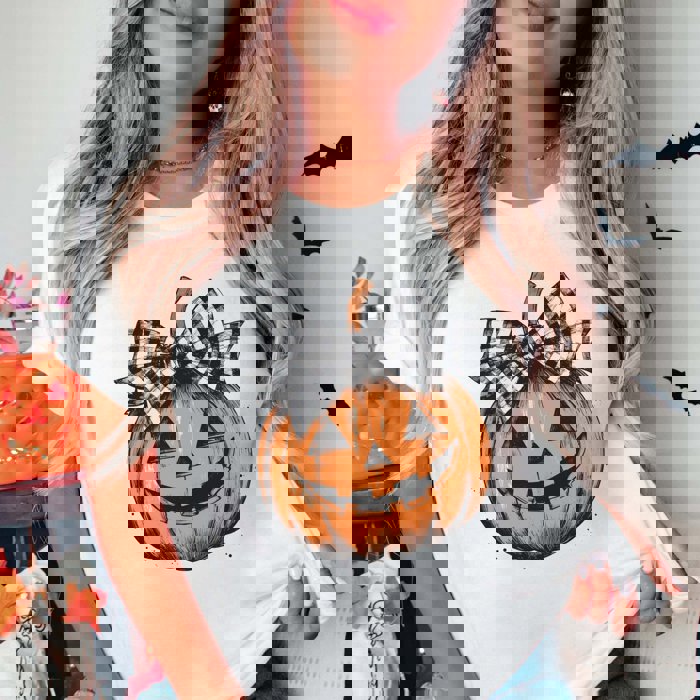 Pumpkin With White Black Bow Bella Graphic Tee