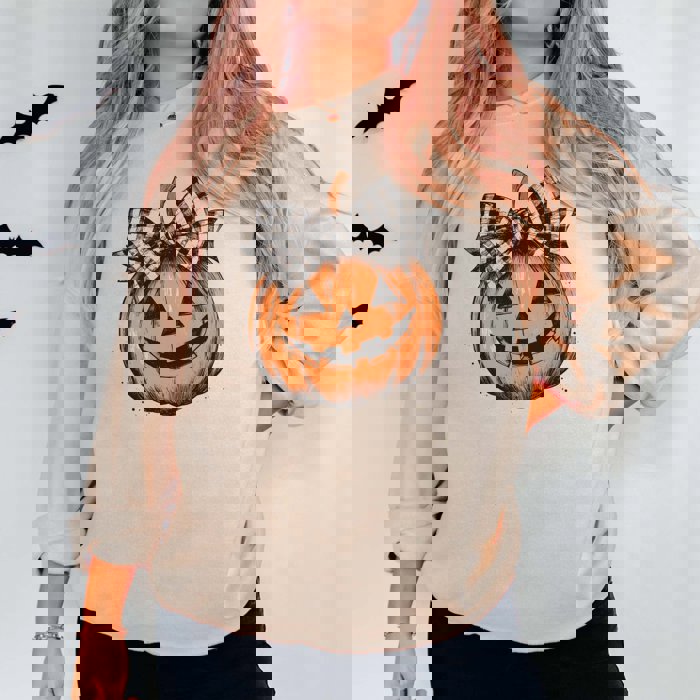 Pumpkin With White Black Bow Graphic Sweatshirt