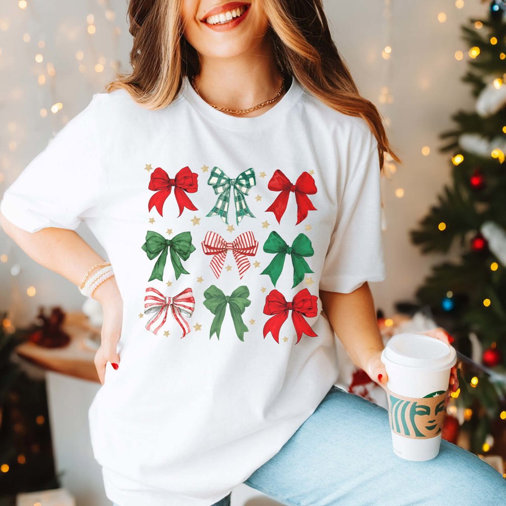 Red & Green Christmas Bow Collage Bella Graphic Tee