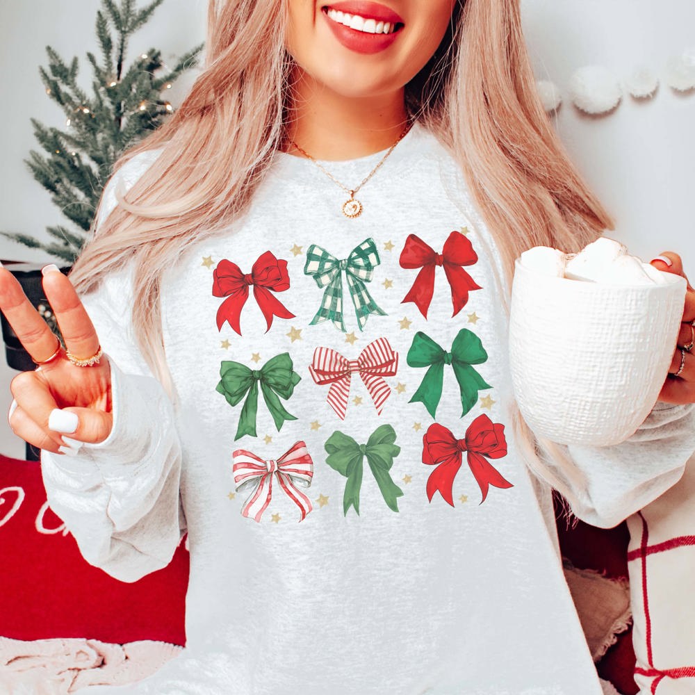 Red & Green Christmas Bow Collage Graphic Sweatshirt