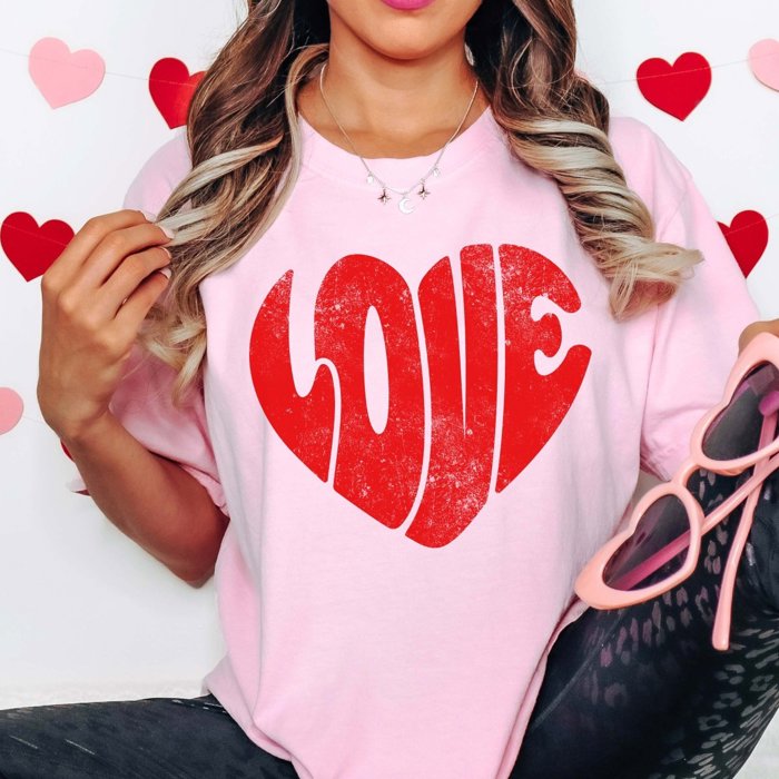 Red LOVE Distressed Heart Comfort Color Graphic Tee