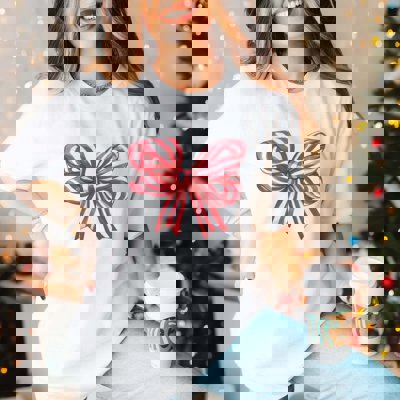 Red Striped Christmas Bow Bella Graphic Tee