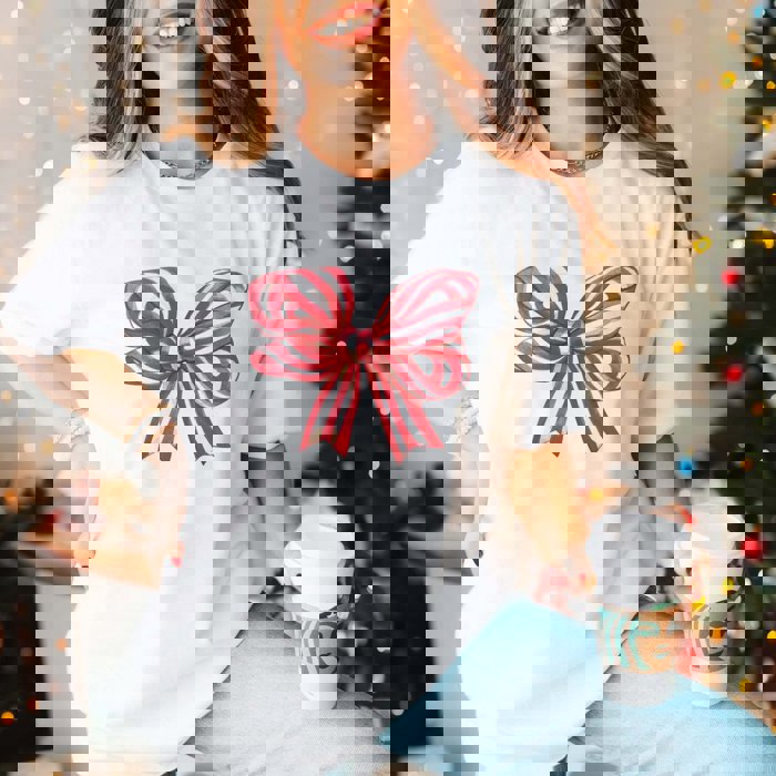 Red Striped Christmas Bow Bella Graphic Tee