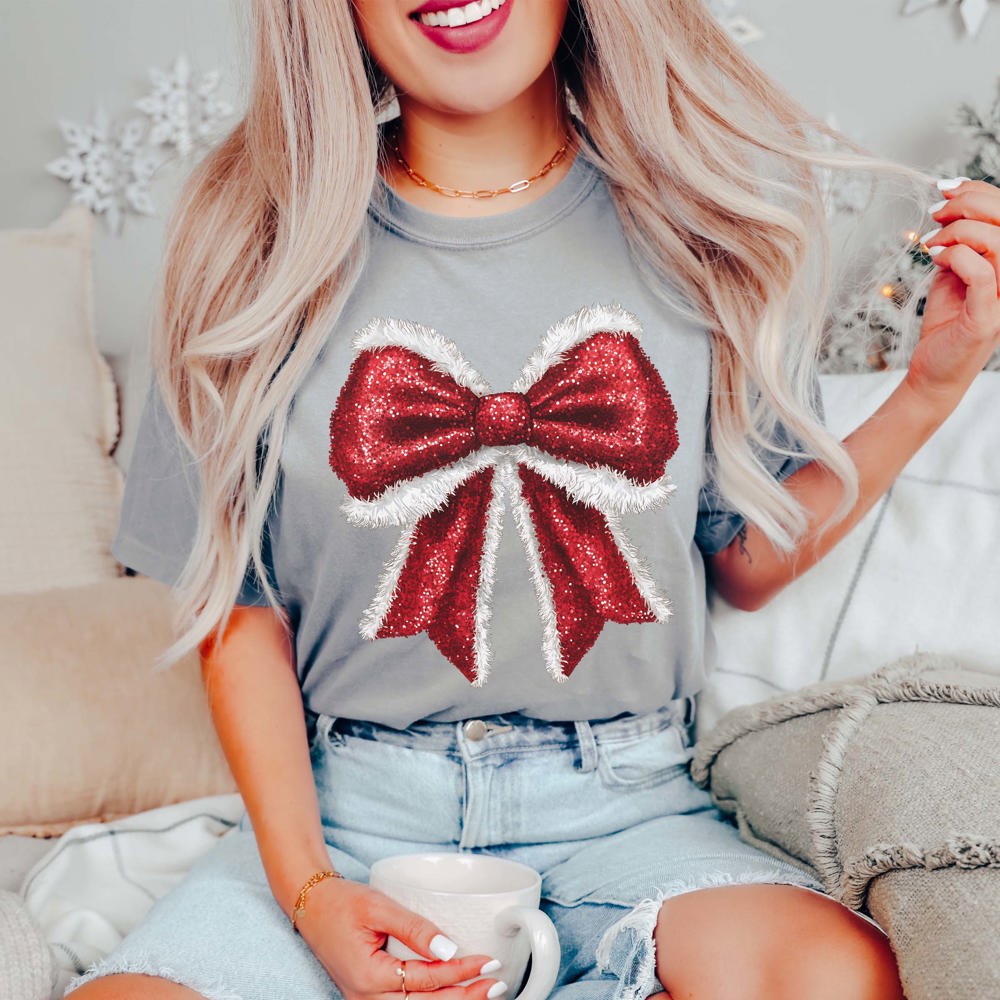 Sparkly Santa Bow Comfort Color Graphic Tee