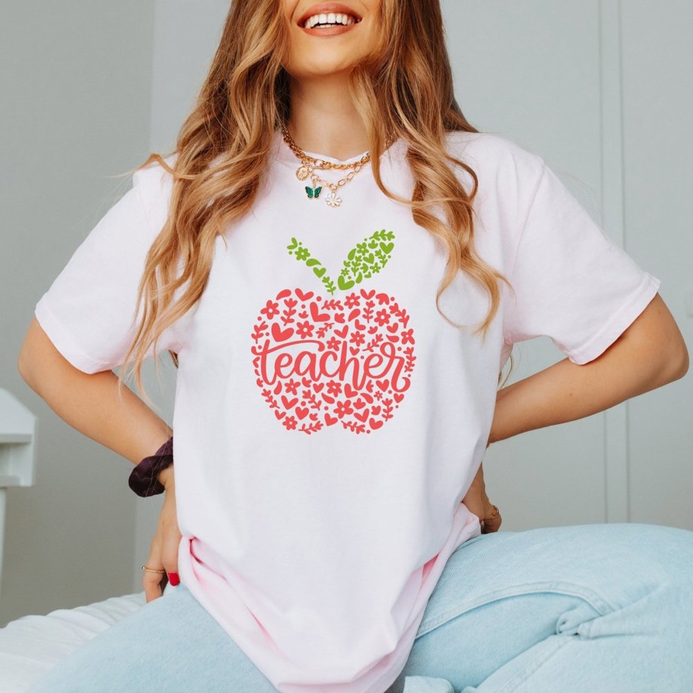 Teacher in Apple and Flowers Comfort Color Graphic Tee