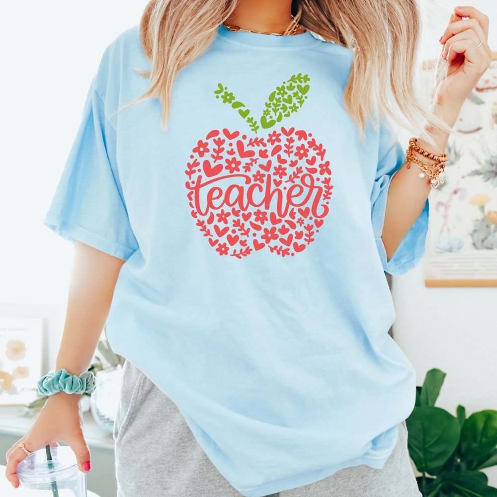 Teacher in Apple and Flowers Comfort Color Graphic Tee