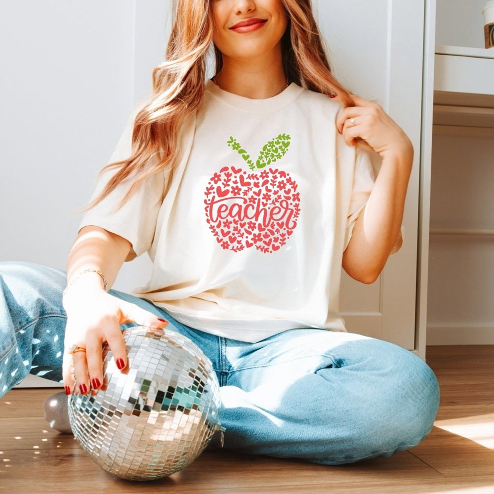 Teacher in Apple and Flowers Comfort Color Graphic Tee