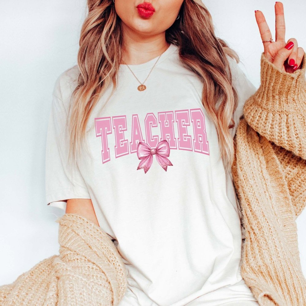 Teacher Pink with Glitter Bow Bella Graphic Tee