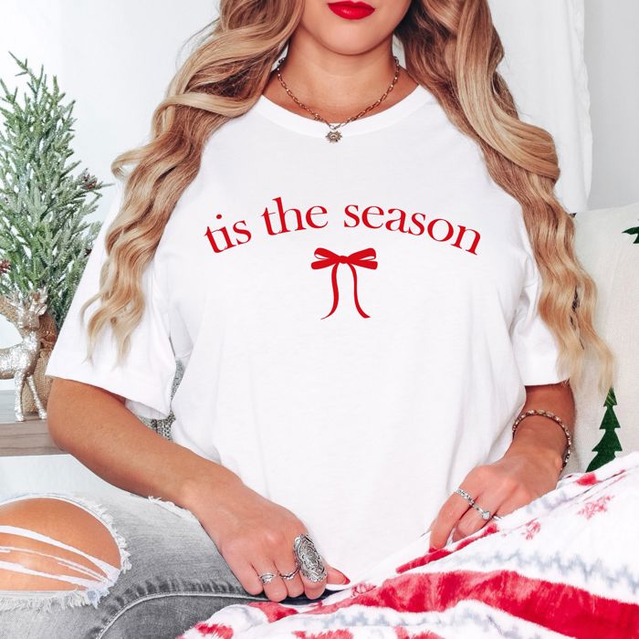 Tis The Season Bows Bella Canvas Tees – Merry & Bright Christmas Graphic Tees for Women
