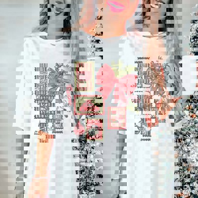 Vintage Christmas Stamps With Bow Comfort Color Graphic Tee