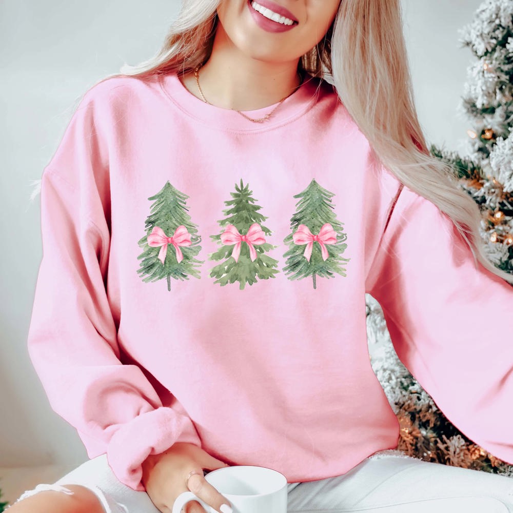 Watercolor Christmas Trees With Pink Bows Graphic Sweatshirt