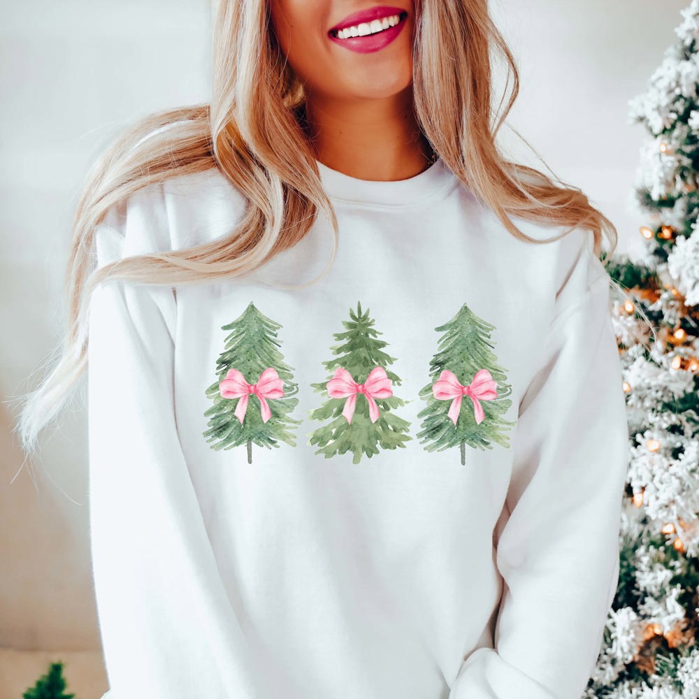 Watercolor Christmas Trees With Pink Bows Graphic Sweatshirt