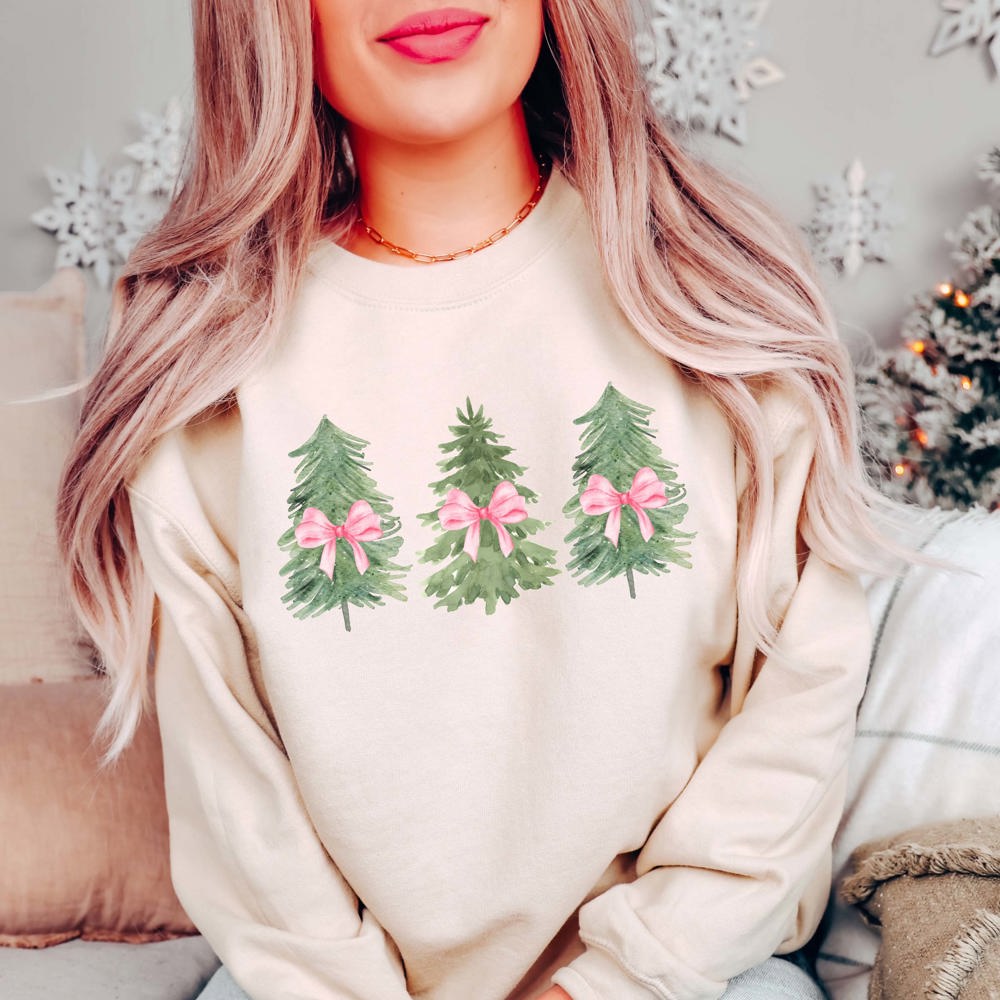 Watercolor Christmas Trees With Pink Bows Graphic Sweatshirt