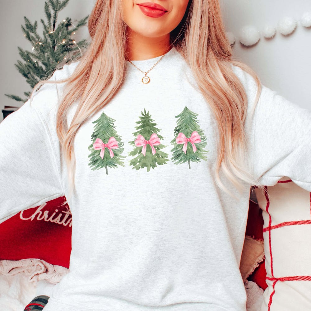 Watercolor Christmas Trees With Pink Bows Graphic Sweatshirt