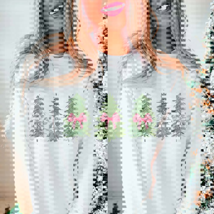 Watercolor Christmas Trees With Pink Bows Graphic Sweatshirt