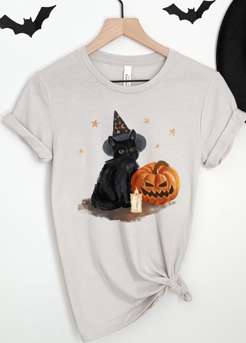 Cute Cat Pumpkin Fall Halloween T-shirt Women's Fall Tee 
