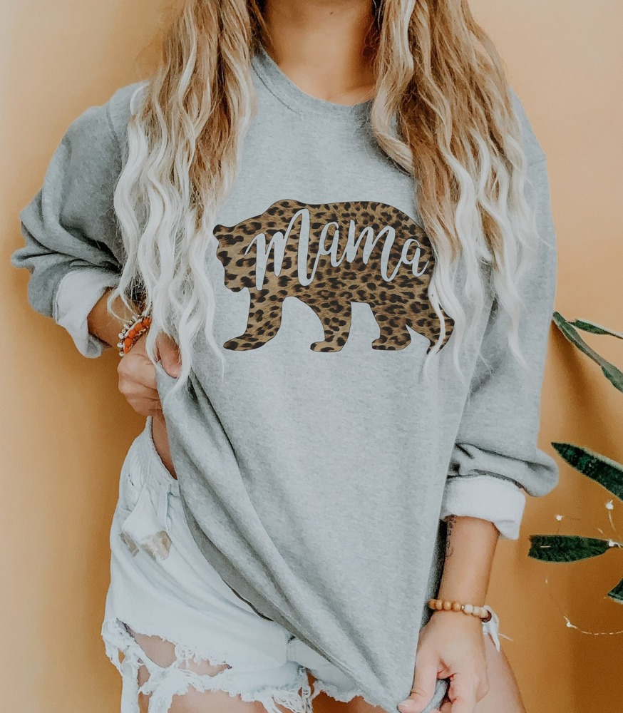 Mama Bear Sweatshirt / Women's Leopard Print Graphic Sweater